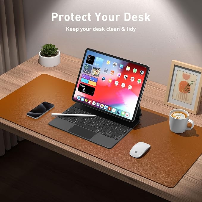 Aothia Leather Desk Pad Protector, Mouse Pad, Office Desk Mat, Non - Slip PU Leather Desk Blotter, Laptop Desk Pad, Waterproof Desk Writing Pad for Office and Home (Brown,23.6" x 13.7") | Mouse Pads - TrueDesk