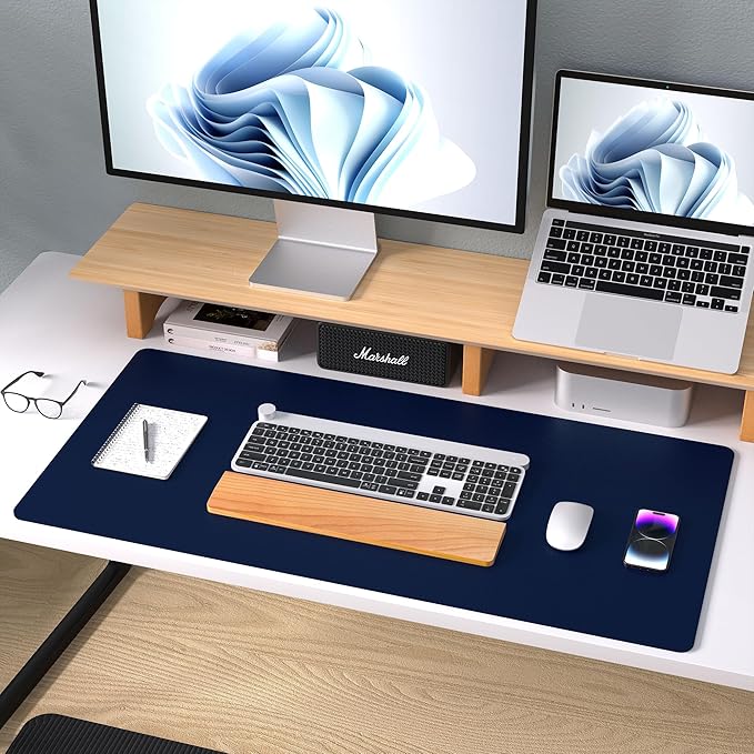 Aothia Leather Desk Pad Protector, Mouse Pad, Office Desk Mat, Non - Slip PU Leather Desk Blotter, Laptop Desk Pad, Waterproof Desk Writing Pad for Office and Home (Dark Blue,23.6" x 13.7") | Mouse Pads - TrueDesk