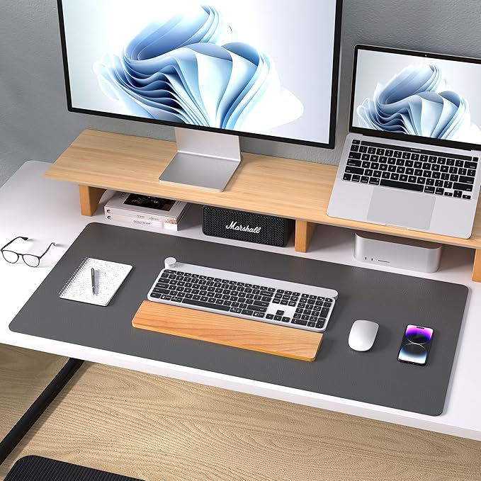 Aothia Leather Desk Pad Protector, Mouse Pad, Office Desk Mat, Non - Slip PU Leather Desk Blotter, Laptop Desk Pad, Waterproof Desk Writing Pad for Office and Home (Gray,23.6" x 13.7") | Mouse Pads - TrueDesk