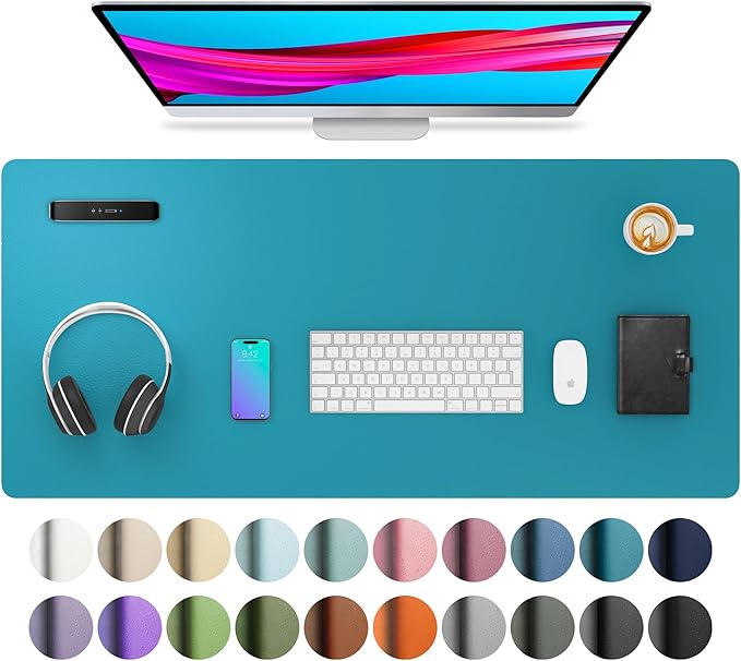 Aothia Leather Desk Pad Protector, Mouse Pad, Office Desk Mat, Non - Slip PU Leather Desk Blotter, Laptop Desk Pad, Waterproof Desk Writing Pad for Office and Home (Turquoise,36" x 17") | Mouse Pads - TrueDesk