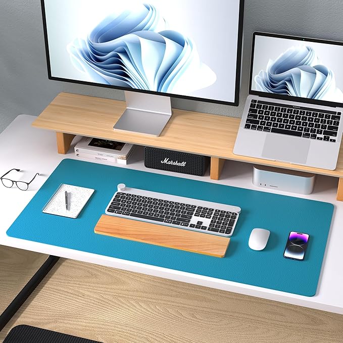 Aothia Leather Desk Pad Protector, Mouse Pad, Office Desk Mat, Non - Slip PU Leather Desk Blotter, Laptop Desk Pad, Waterproof Desk Writing Pad for Office and Home (Turquoise,31.5" x 15.7") | Mouse Pads - TrueDesk