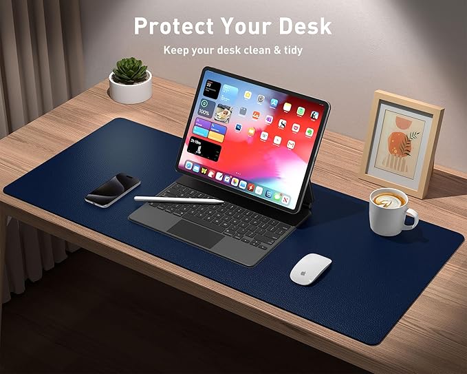 Aothia Leather Desk Pad Protector, Mouse Pad, Office Desk Mat, Non - Slip PU Leather Desk Blotter, Laptop Desk Pad, Waterproof Desk Writing Pad for Office and Home(Dark Blue,31.5" x 15.7") | Mouse Pads - TrueDesk