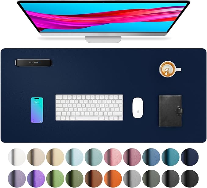 Aothia Leather Desk Pad Protector, Mouse Pad, Office Desk Mat, Non - Slip PU Leather Desk Blotter, Laptop Desk Pad, Waterproof Desk Writing Pad for Office and Home(Dark Blue,31.5" x 15.7") | Mouse Pads - TrueDesk