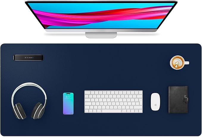 Aothia Leather Desk Pad Protector, Mouse Pad,Office Desk Mat, Non - Slip PU Leather Desk Blotter, Laptop Desk Pad, Waterproof Desk Writing Pad for Office and Home (Dark Blue,36" x 17") | Mouse Pads - TrueDesk