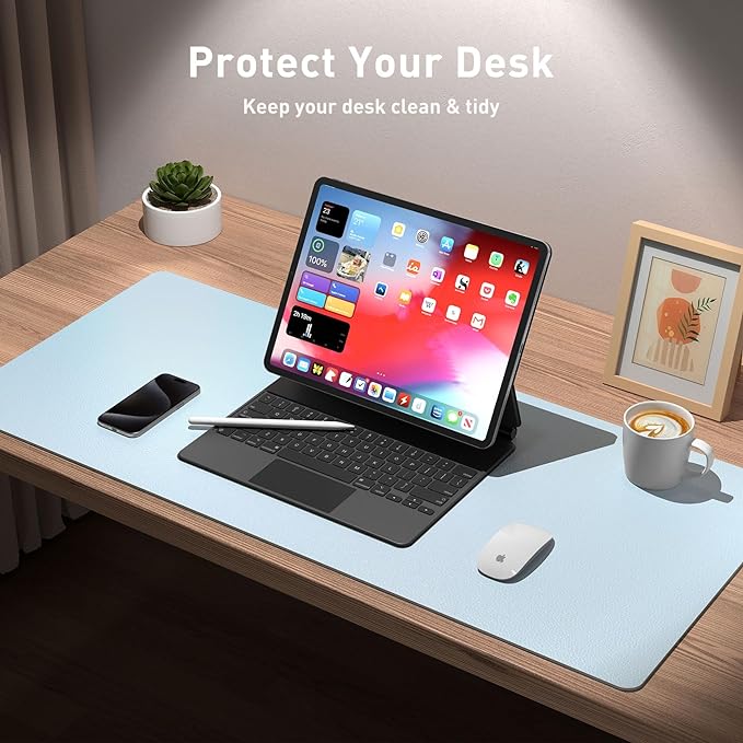 Aothia Leather Desk Pad Protector, Office Desk Mat, Large Mouse Pad, Non - Slip PU Leather Desk Blotter, Laptop Desk Pad, Waterproof Desk Writing Pad for Office and Home (48"x17", Baby Blue) | Mouse Pads - TrueDesk