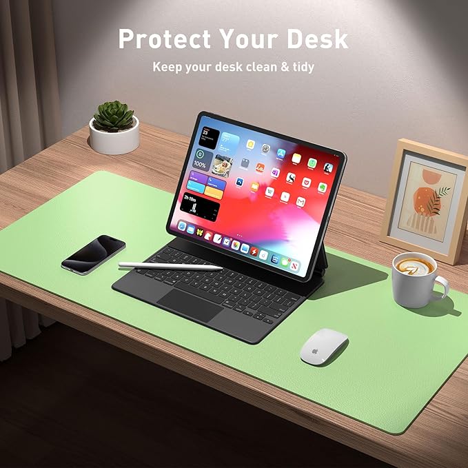Aothia Leather Desk Pad Protector, Office Desk Mat, Large Mouse Pad, Non - Slip PU Leather Desk Blotter, Laptop Desk Pad, Waterproof Desk Writing Pad for Office and Home (48"x17", Foam Green) | Mouse Pads - TrueDesk