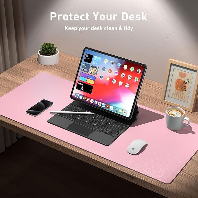 Aothia Leather Desk Pad Protector, Office Desk Mat, Large Mouse Pad, Non - Slip PU Leather Desk Blotter, Laptop Desk Pad, Waterproof Desk Writing Pad for Office and Home (48"x17", Fairy Pink) | Mouse Pads - TrueDesk
