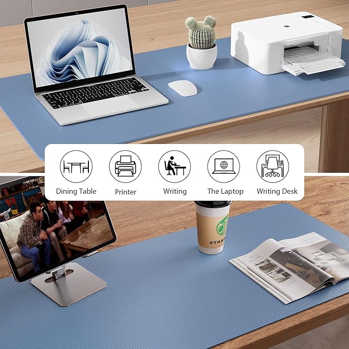 Aothia Leather Desk Pad Protector, Office Mat, Large Mouse Pad, Non - Slip PU Leather Blotter, Laptop Desk Pad, Waterproof Writing Pad for Office and Home (Denim Blue, 31.5" x 15.7") | Mouse Pads - TrueDesk