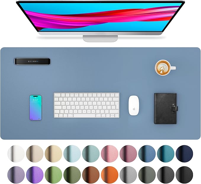 Aothia Leather Desk Pad Protector, Office Mat, Large Mouse Pad, Non - Slip PU Leather Blotter, Laptop Desk Pad, Waterproof Writing Pad for Office and Home (Denim Blue, 31.5" x 15.7") | Mouse Pads - TrueDesk