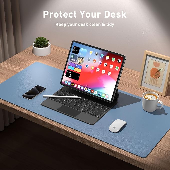Aothia Leather Desk Pad Protector, Office Mat, Large Mouse Pad, Non - Slip PU Leather Blotter, Laptop Desk Pad, Waterproof Writing Pad for Office and Home (Denim Blue, 31.5" x 15.7") | Mouse Pads - TrueDesk