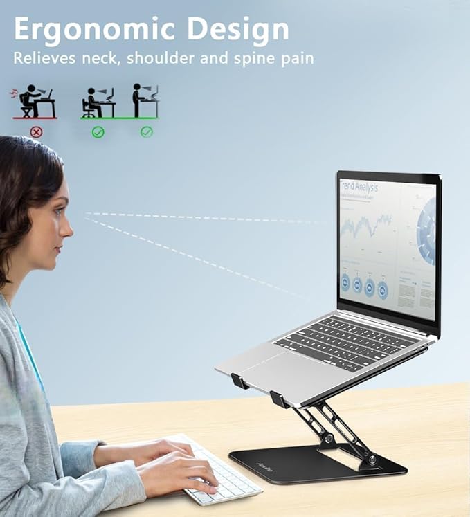 Aoviho Adjustable Laptop Stand for Desk, Portable Laptop Stand Holder and Riser, Foldable Aluminum Notebook Computer Stand for MacBook Air Pro HP Lenovo Dell Samsung Chromebook, 10 - 15.6 inch, Black | Stands - TrueDesk