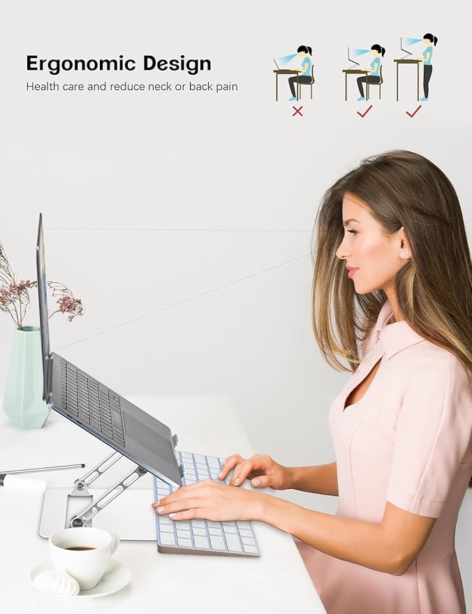 Aoviho Adjustable Laptop Stand for Desk,Portable Laptop Stand Holder and Riser,Foldable Aluminum Notebook Computer Stands for MacBook Air Pro HP Lenovo Dell Samsung, 10 - 15.6 inch (Sky Blue - Silver) | Stands - TrueDesk