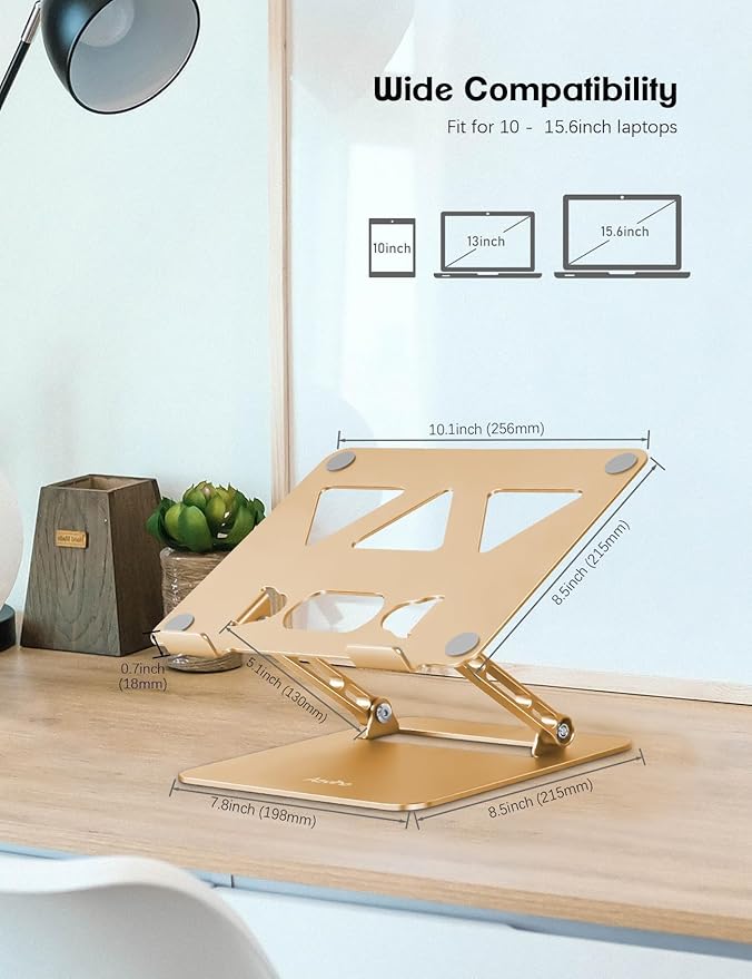 Aoviho Adjustable Laptop Stand for Desk,Portable Laptop Stand Holder and Riser,Foldable Aluminum Notebook Computer Stands for MacBook Air Pro HP Lenovo Dell Samsung Chromebook, 10 - 15.6 inch, Gold | Stands - TrueDesk