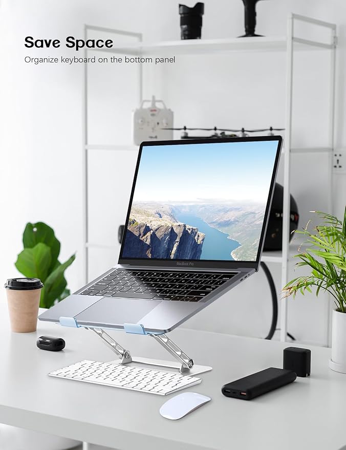 Aoviho Adjustable Laptop Stand for Desk,Portable Laptop Stand Holder and Riser,Foldable Aluminum Notebook Computer Stands for MacBook Air Pro HP Lenovo Dell Samsung, 10 - 15.6 inch (Sky Blue - Silver) | Stands - TrueDesk
