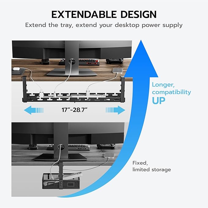 ARES WING 17" - 28.7" Extendable Under Desk Cable Management Tray with Cable Slots, Clamp On Cord Organizer Holds Up to 11 lbs, Black Metal Under Desk Storage for Office and Gaming Accessories | Cable Raceways - TrueDesk