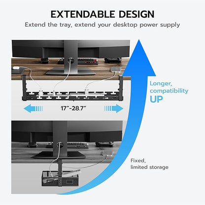 ARES WING 17" - 28.7" Extendable Under Desk Cable Management Tray with Cable Slots, Clamp On Cord Organizer Holds Up to 11 lbs, Black Metal Under Desk Storage for Office and Gaming Accessories | Cable Raceways - TrueDesk
