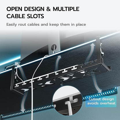 ARES WING 17" - 28.7" Extendable Under Desk Cable Management Tray with Cable Slots, Clamp On Cord Organizer Holds Up to 11 lbs, Black Metal Under Desk Storage for Office and Gaming Accessories | Cable Raceways - TrueDesk