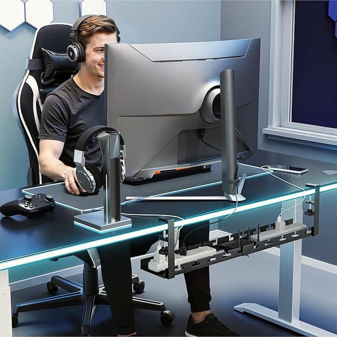 ARES WING 17" - 28.7" Extendable Under Desk Cable Management Tray with Cable Slots, Clamp On Cord Organizer Holds Up to 11 lbs, Black Metal Under Desk Storage for Office and Gaming Accessories | Cable Raceways - TrueDesk