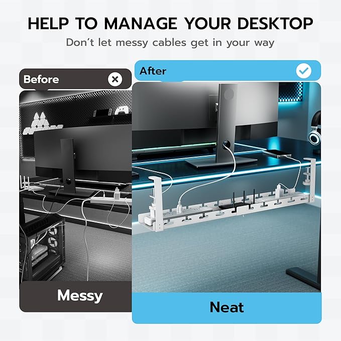 ARES WING 17" - 28.7" Extendable Under Desk Cable Management Tray with Cable Slots, Clamp On Cord Organizer Holds Up to 11 lbs, White Metal Under Desk Storage for Office and Gaming Accessories | Cable Raceways - TrueDesk