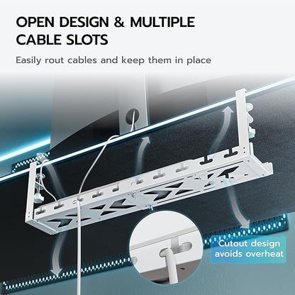 ARES WING 17" - 28.7" Extendable Under Desk Cable Management Tray with Cable Slots, Clamp On Cord Organizer Holds Up to 11 lbs, White Metal Under Desk Storage for Office and Gaming Accessories | Cable Raceways - TrueDesk