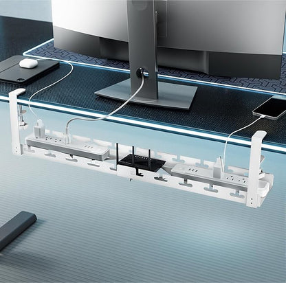 ARES WING 17" - 28.7" Extendable Under Desk Cable Management Tray with Cable Slots, Clamp On Cord Organizer Holds Up to 11 lbs, White Metal Under Desk Storage for Office and Gaming Accessories | Cable Raceways - TrueDesk