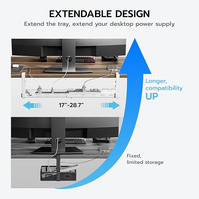 ARES WING 17" - 28.7" Extendable Under Desk Cable Management Tray with Cable Slots, Clamp On Cord Organizer Holds Up to 11 lbs, White Metal Under Desk Storage for Office and Gaming Accessories | Cable Raceways - TrueDesk