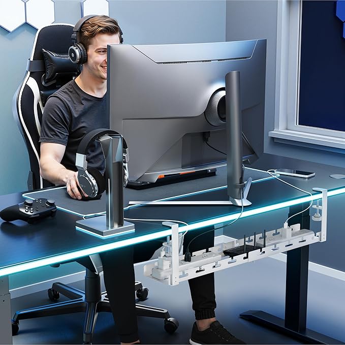 ARES WING 17" - 28.7" Extendable Under Desk Cable Management Tray with Cable Slots, Clamp On Cord Organizer Holds Up to 11 lbs, White Metal Under Desk Storage for Office and Gaming Accessories | Cable Raceways - TrueDesk