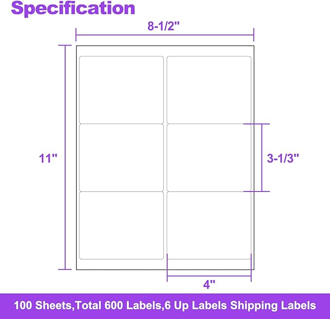 AveneMark 100 Sheets 600 Labels Shipping Address Labels, 6 up 3 - 1/3" x 4" Quick to Peel Stickers Paper for Laser & Inkjet Printers, Printable Mailing Labels Stickers (6 Labels per Page Sheet) | Laser Inkjet Printer Labels - TrueDesk