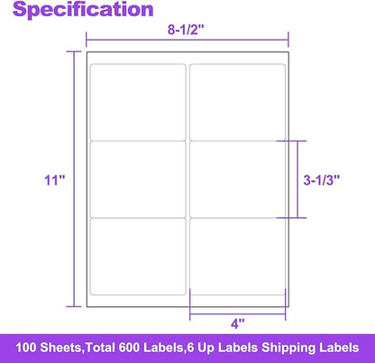 AveneMark 100 Sheets 600 Labels Shipping Address Labels, 6 up 3 - 1/3" x 4" Quick to Peel Stickers Paper for Laser & Inkjet Printers, Printable Mailing Labels Stickers (6 Labels per Page Sheet) | Laser Inkjet Printer Labels - TrueDesk