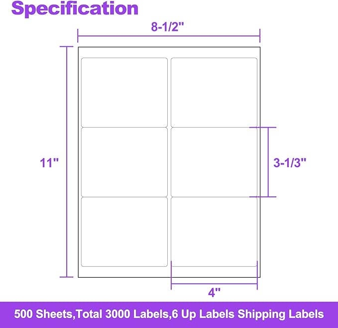 AveneMark 500 Sheets 3000 Labels Shipping Address Labels, 6 up 3 - 1/3" x 4" Quick to Peel Stickers Paper for Laser & Inkjet Printers, Printable Mailing Labels Stickers (6 Labels per Page Sheet) | Laser Inkjet Printer Labels - TrueDesk