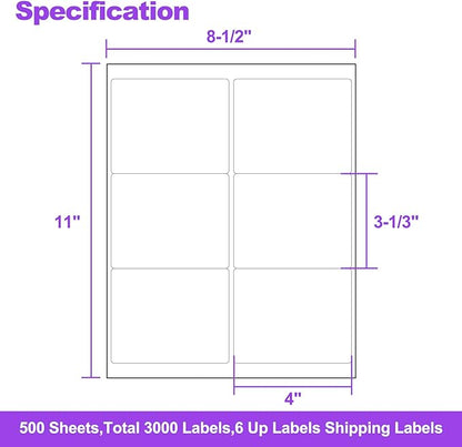 AveneMark 500 Sheets 3000 Labels Shipping Address Labels, 6 up 3 - 1/3" x 4" Quick to Peel Stickers Paper for Laser & Inkjet Printers, Printable Mailing Labels Stickers (6 Labels per Page Sheet) | Laser Inkjet Printer Labels - TrueDesk