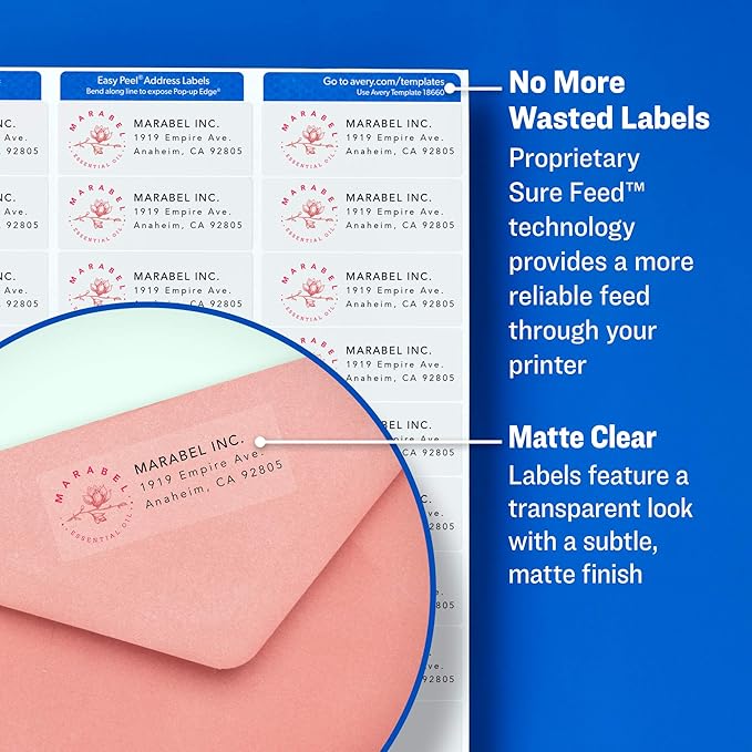 AVERY Clear Address Labels 1 x 2 - 5/8 inch | Matte Finish | Sure Feed Technology | For Inkjet Printers | 300 Labels, Pack of 5 | Address Labels - TrueDesk