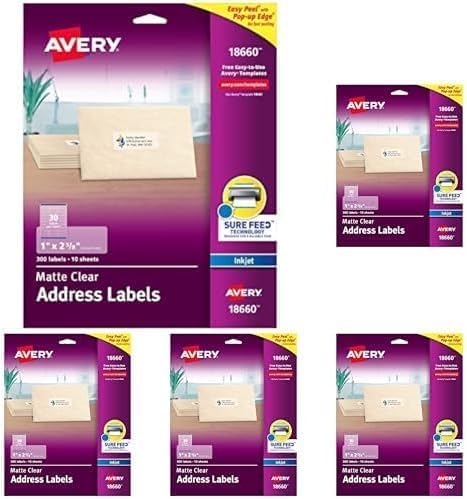 AVERY Clear Address Labels 1 x 2 - 5/8 inch | Matte Finish | Sure Feed Technology | For Inkjet Printers | 300 Labels, Pack of 5 | Address Labels - TrueDesk