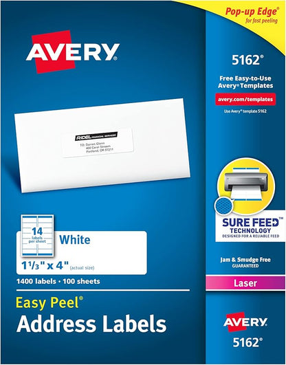 Avery Easy Peel Printable Address Labels with Sure Feed, 1 - 1/3" x 4", White, 1,400 Blank Mailing Labels for Laser Printers (5162) | Address Labels - TrueDesk
