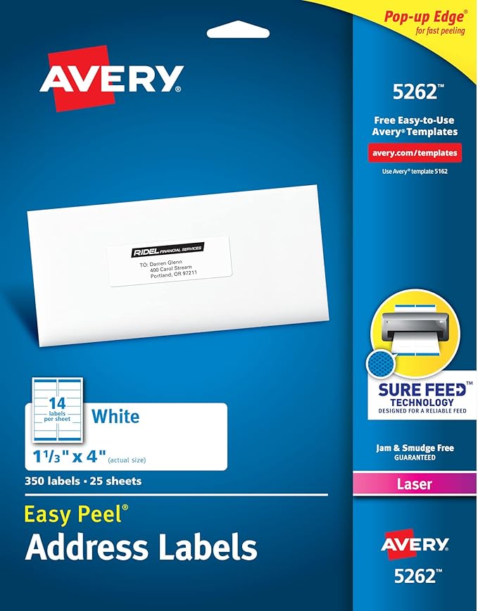 Avery Easy Peel Printable Address Labels with Sure Feed, 1 - 1/3" x 4", White, 350 Blank Mailing Labels (05262) | Laser Inkjet Printer Labels - TrueDesk