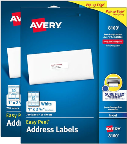 Avery Easy Peel Printable Address Labels with Sure Feed, 1" x 2 - 5/8" Customizable Stickers, White, 1,500 Blank Mailing Labels, Great for Mailing, Shipping, and More (2 - Pack of 08160) | Address Labels - TrueDesk