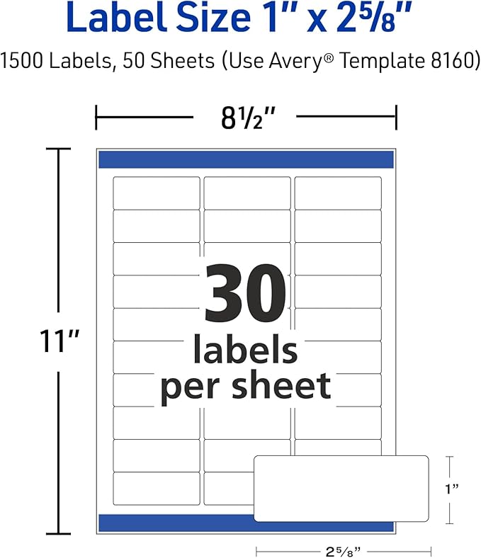 Avery Easy Peel Printable Address Labels with Sure Feed, 1" x 2 - 5/8" Customizable Stickers, White, 1,500 Blank Mailing Labels, Great for Mailing, Shipping, and More (2 - Pack of 08160) | Address Labels - TrueDesk