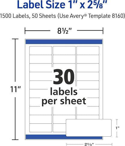 Avery Easy Peel Printable Address Labels with Sure Feed, 1" x 2 - 5/8" Customizable Stickers, White, 1,500 Blank Mailing Labels, Great for Mailing, Shipping, and More (2 - Pack of 08160) | Address Labels - TrueDesk