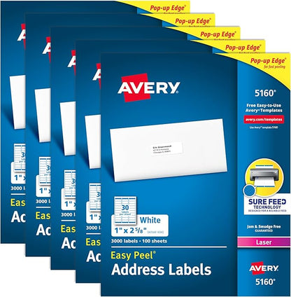 Avery Easy Peel Printable Address Labels with Sure Feed, 1" x 2 - 5/8" Customizable Stickers, White, 15,000 Blank Mailing Labels, Great for Mailing, Shipping, and More (5 - Pack of 5160) | Laser Inkjet Printer Labels - TrueDesk