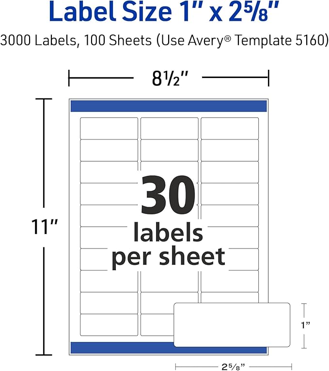 Avery Easy Peel Printable Address Labels with Sure Feed, 1" x 2 - 5/8" Customizable Stickers, White, 3,000 Blank Mailing Labels, Great for Mailing, Shipping, and More (5160) | Address Labels - TrueDesk