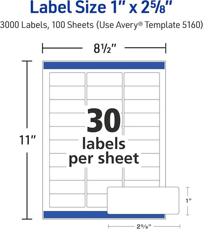 Avery Easy Peel Printable Address Labels with Sure Feed, 1" x 2 - 5/8" Customizable Stickers, White, 3,000 Blank Mailing Labels, Great for Mailing, Shipping, and More (5160) | Address Labels - TrueDesk