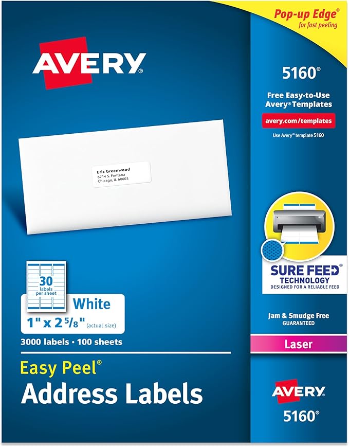Avery Easy Peel Printable Address Labels with Sure Feed, 1" x 2 - 5/8" Customizable Stickers, White, 3,000 Blank Mailing Labels, Great for Mailing, Shipping, and More (5160) | Address Labels - TrueDesk