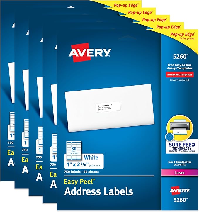 Avery Easy Peel Printable Address Labels with Sure Feed, 1" x 2 - 5/8" Customizable Stickers, White, 3,750 Blank Mailing Labels, Great for Mailing, Shipping, and More (5 - Pack of 5260) | Laser Inkjet Printer Labels - TrueDesk