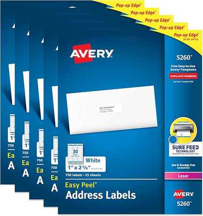 Avery Easy Peel Printable Address Labels with Sure Feed, 1" x 2 - 5/8" Customizable Stickers, White, 3,750 Blank Mailing Labels, Great for Mailing, Shipping, and More (5 - Pack of 5260) | Laser Inkjet Printer Labels - TrueDesk