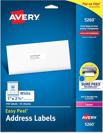Avery Easy Peel Printable Address Labels with Sure Feed, 1" x 2 - 5/8" Customizable Stickers, White, 750 Blank Mailing Labels, Great for Mailing, Shipping, and More (5260) | Address Labels - TrueDesk