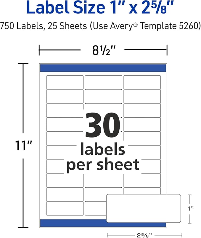 Avery Easy Peel Printable Address Labels with Sure Feed, 1" x 2 - 5/8" Customizable Stickers, White, 750 Blank Mailing Labels, Great for Mailing, Shipping, and More (5260) | Address Labels - TrueDesk