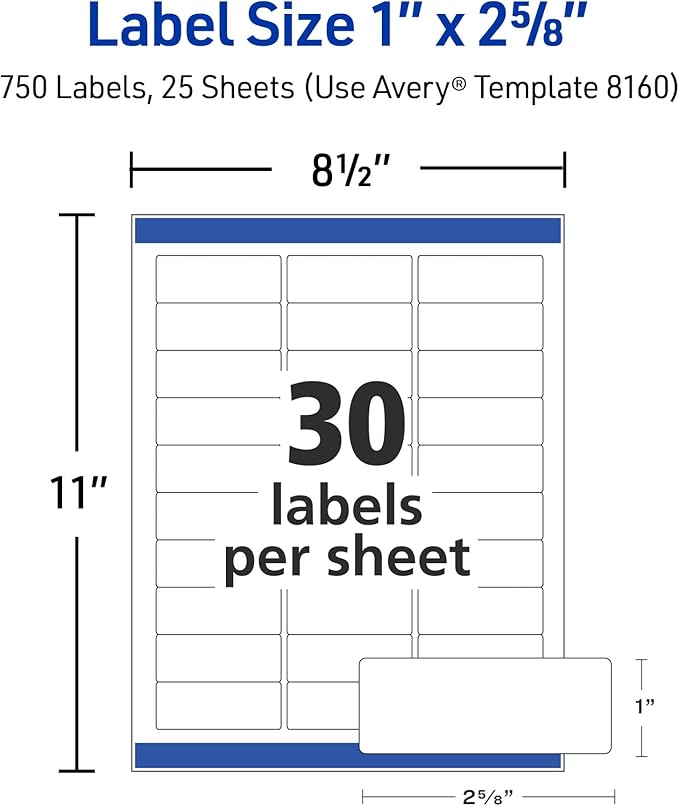 Avery Easy Peel Printable Address Labels with Sure Feed, 1" x 2 - 5/8" Customizable Stickers, White, 750 Blank Mailing Labels, Great for Mailing, Shipping, and More (8160) | Address Labels - TrueDesk