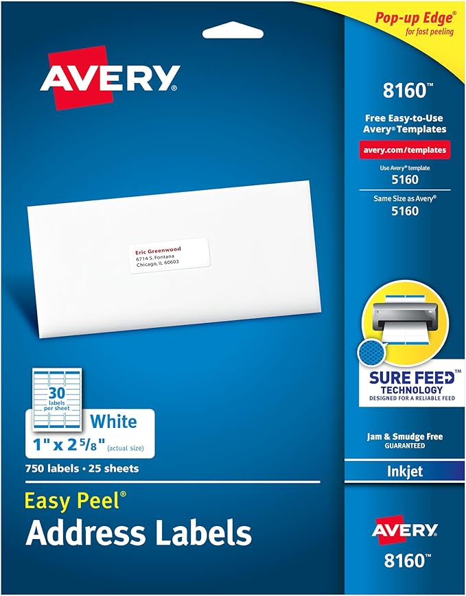 Avery Easy Peel Printable Address Labels with Sure Feed, 1" x 2 - 5/8" Customizable Stickers, White, 750 Blank Mailing Labels, Great for Mailing, Shipping, and More (8160) | Address Labels - TrueDesk