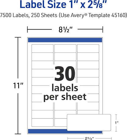 Avery Easy Peel Printable Address Labels with Sure Feed, 1" x 2 - 5/8" Customizable Stickers, White, 7,500 Blank Mailing Labels, Great for Mailing, Shipping, and More (45160) | Address Labels - TrueDesk