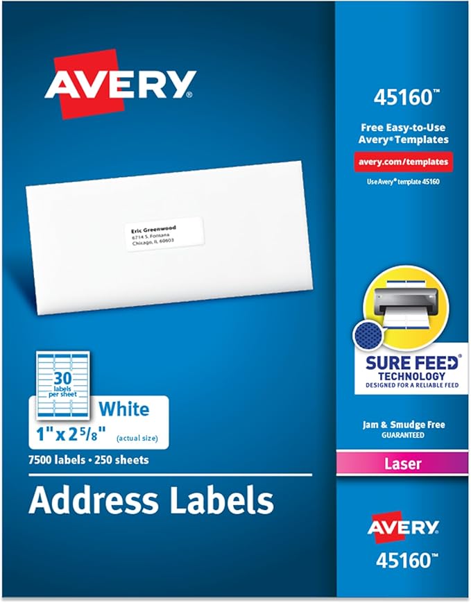 Avery Easy Peel Printable Address Labels with Sure Feed, 1" x 2 - 5/8" Customizable Stickers, White, 7,500 Blank Mailing Labels, Great for Mailing, Shipping, and More (45160) | Address Labels - TrueDesk